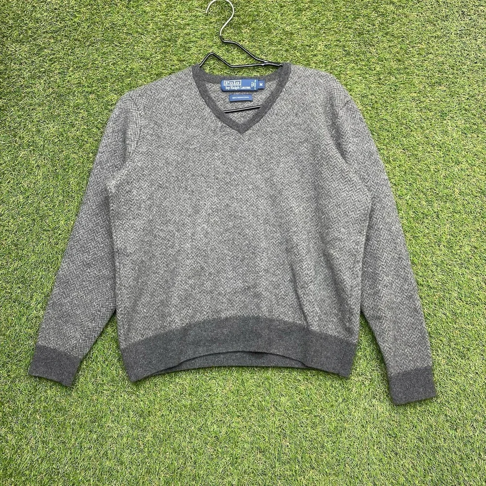 Polo Ralph Lauren Sweater Mens Medium Heather Gray Merino Wool Tight Knit Soft